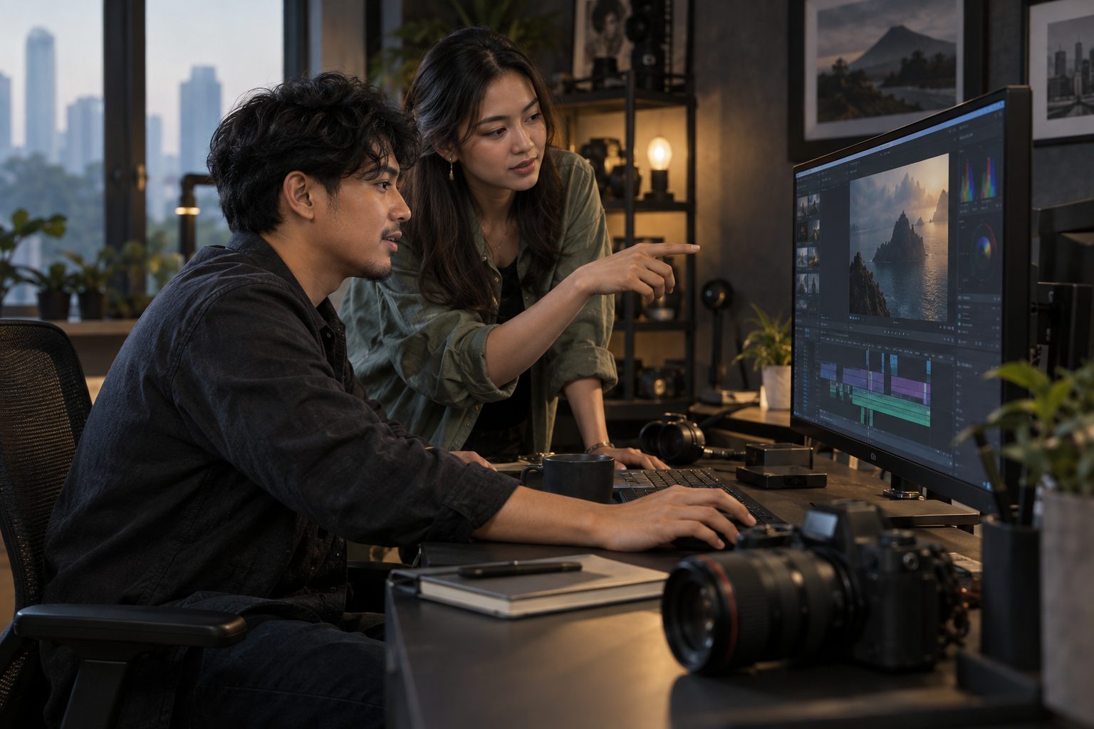 AI concept: Content creators collaborating in an editing studio