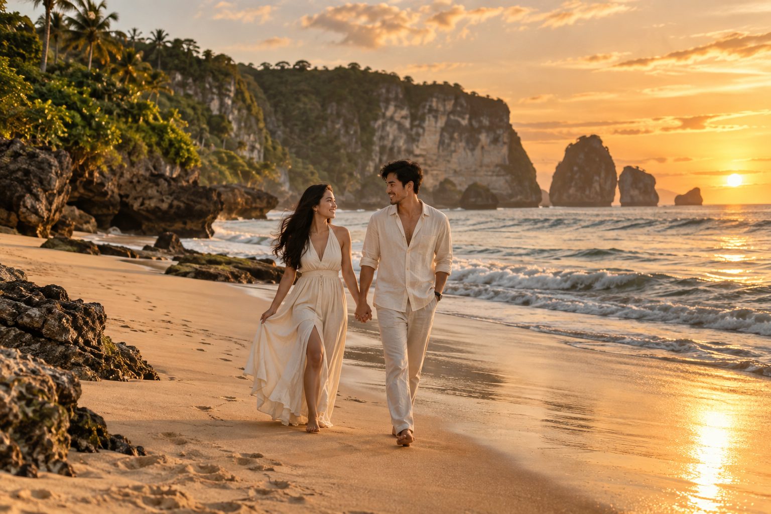 AI concept: Couple enjoying an Indonesian beach getaway